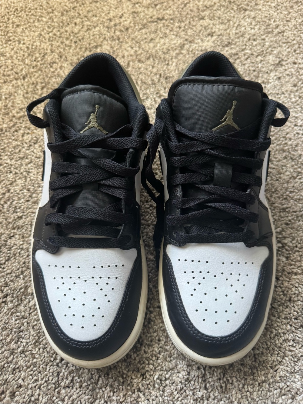 Jordan Low-Top Sneakers — Black, White & Dark Green with Gold Jumpman